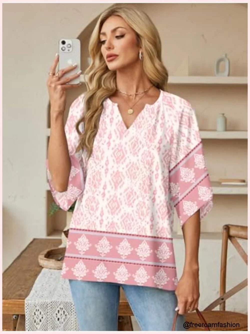 Women's Boho V-Neck 3/4 Bell Sleeve Tunic Blouse Loose Fit Peasant Top